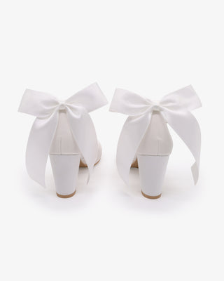 White Satin Wedding Block Heel with Satin Back Bow