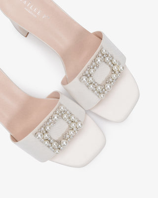 Satin Block Heels Slide Wedding Sandals with Pearlisse BuckleWomen Shoes