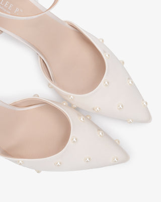 Ivory Satin Mini Pearls Wedding Heels with Scattered Pearls