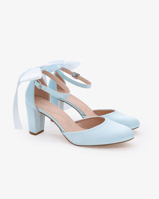 Light Blue Satin Wedding Block Heel with Satin Back Bow