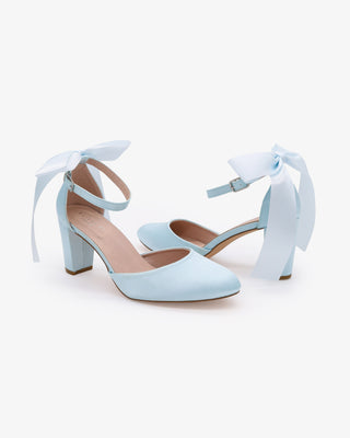 Light Blue Satin Wedding Block Heel with Satin Back Bow