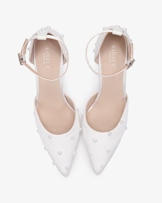 White Satin Mini Pearls Wedding Heels with Scattered Pearls