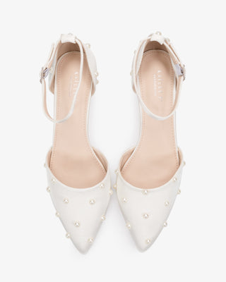 Ivory Satin Mini Pearls Wedding Low Heels with Scattered Pearls