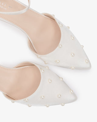 Ivory Satin Mini Pearls Wedding Low Heels with Scattered Pearls