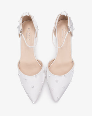 White Satin Mini Pearls Wedding Low Heels with Scattered Pearls
