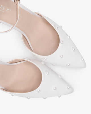 White Satin Mini Pearls Wedding Low Heels with Scattered Pearls