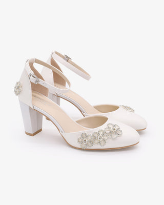 White Satin Wedding Block Heel with Rhinestones Chassia Flower