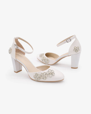 White Satin Wedding Block Heel with Rhinestones Chassia Flower