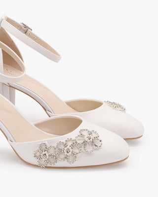 White Satin Wedding Block Heel with Rhinestones Chassia Flower