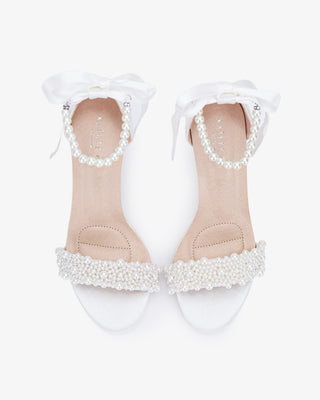White Satin High Heel Wedding Sandals with Perla Applique