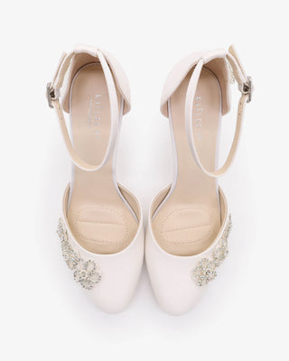 White Satin Wedding Block Heel with Rhinestones Chassia Flower