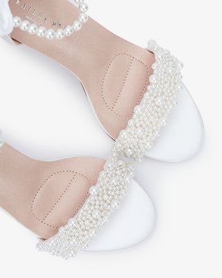 White Satin High Heel Wedding Sandals with Perla Applique