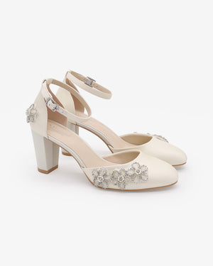 Satin Wedding Block Heel with Rhinestones Chassia Flower