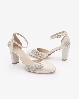 Ivory Satin Wedding Block Heel with Rhinestones Chassia Flower