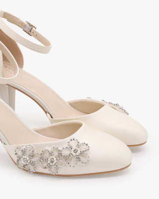 Ivory Satin Wedding Block Heel with Rhinestones Chassia Flower
