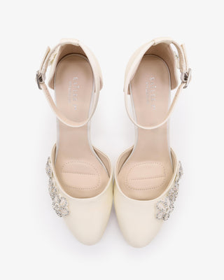 Ivory Satin Wedding Block Heel with Rhinestones Chassia Flower