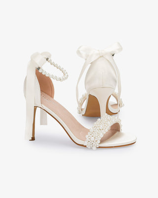 Ivory Satin High Heel Wedding Sandals with Perla Applique