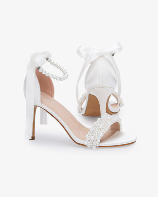 White Satin High Heel Wedding Sandals with Perla Applique