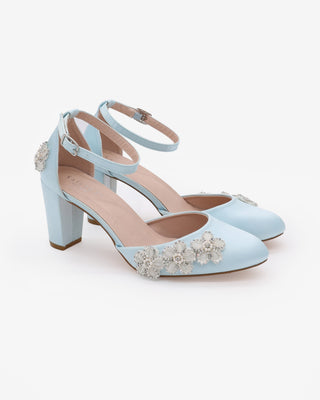 Light Blue Satin Wedding Block Heel with Rhinestones Chassia Flower