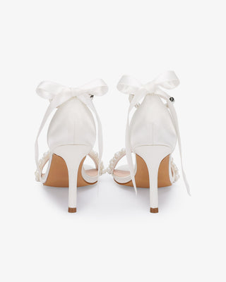 White Satin High Heel Wedding Sandals with Perla Applique