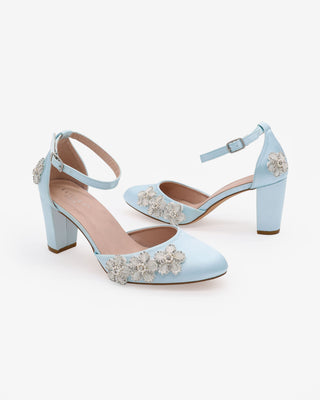 Light Blue Satin Wedding Block Heel with Rhinestones Chassia Flower