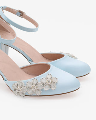 Light Blue Satin Wedding Block Heel with Rhinestones Chassia Flower