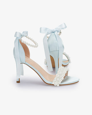 Light Blue Satin High Heel Wedding Sandals with Perla Applique