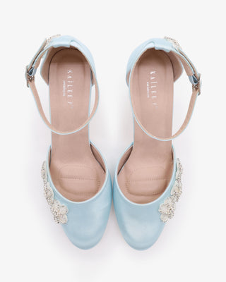 Light Blue Satin Wedding Block Heel with Rhinestones Chassia Flower