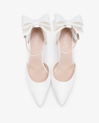 White Satin Wedding Heels with Back Tuxie Bow