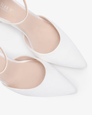 White Satin Wedding Heels with Back Tuxie Bow