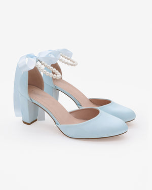 Satin Wedding Block Heel with All Pearls Ankle Strap