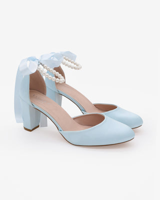 Light Blue Satin Wedding Block Heel with All Pearls Ankle Strap