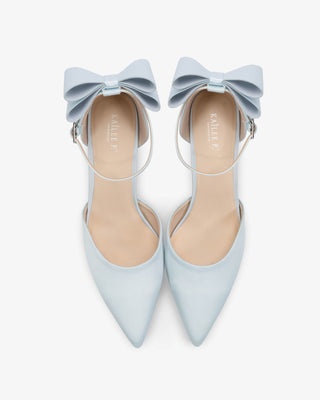 Light Blue Satin Wedding Heels with Back Tuxie Bow