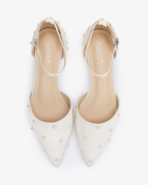 Satin Pointy Toe Flats with Scattered Pearls