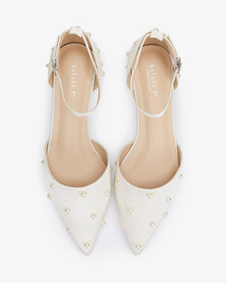 Ivory Satin Pointy Toe Flats with Scattered Pearls