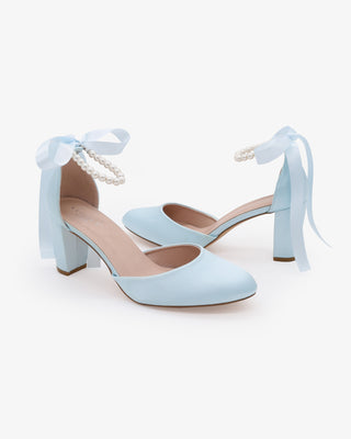 Light Blue Satin Wedding Block Heel with All Pearls Ankle Strap