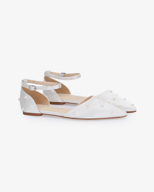 Satin Pointy Toe Flats with Scattered Pearls