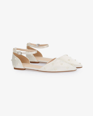 Satin Pointy Toe Flats with Scattered Pearls