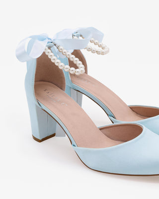 Light Blue Satin Wedding Block Heel with All Pearls Ankle Strap