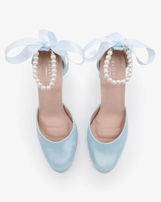Light Blue Satin Wedding Block Heel with All Pearls Ankle Strap