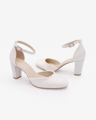 White Satin Wedding Block Heel with Mini Pearls