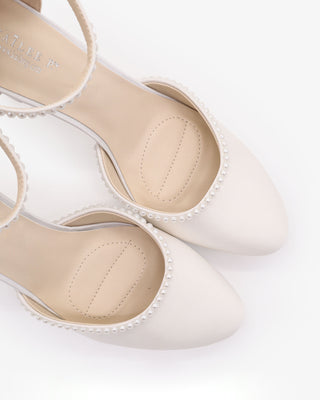 White Satin Wedding Block Heel with Mini Pearls