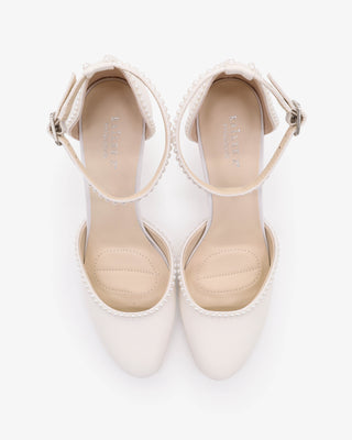 White Satin Wedding Block Heel with Mini Pearls