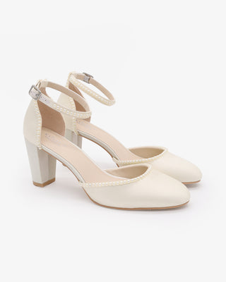Ivory Satin Wedding Block Heel with Mini Pearls