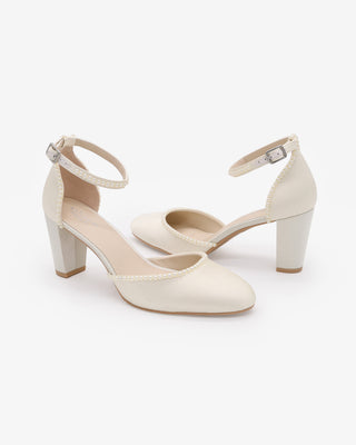 Ivory Satin Wedding Block Heel with Mini Pearls