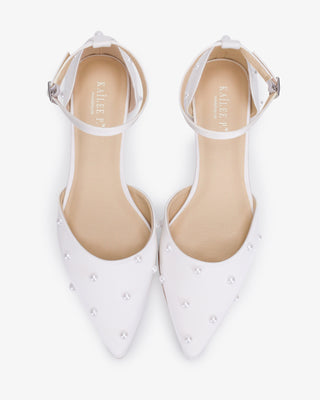 White Satin Pointy Toe Flats with Scattered Pearls