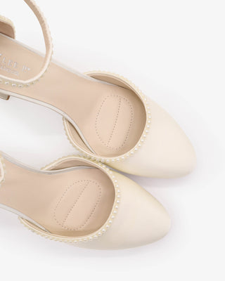 Ivory Satin Wedding Block Heel with Mini Pearls