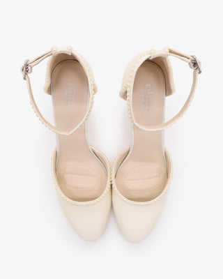 Ivory Satin Wedding Block Heel with Mini Pearls
