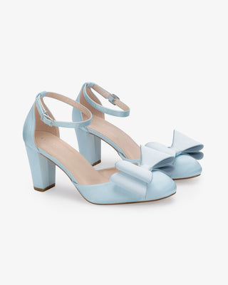 Light Blue Satin Wedding Block Heel with Front Tuxie Bow and Removable Ankle Strap, Bridal Shoes