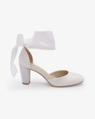 White Satin Wedding Block Heel with Wrapped Ankle Tie